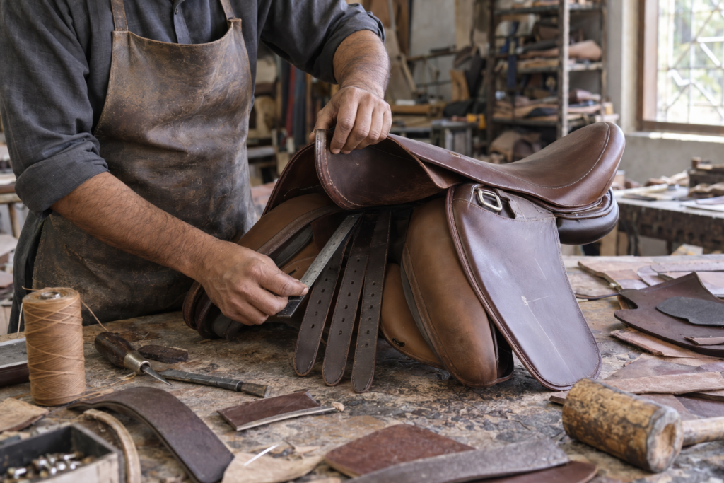 Craftsman assembling an English saddle panel and billets by hand