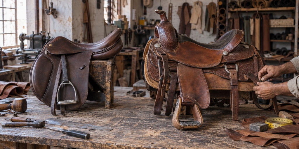 English and Western saddles compared inside a leather workshop in Sialkot, Pakistan