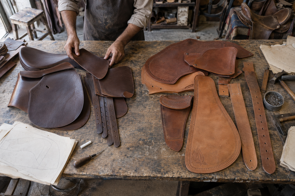 English and Western saddle leather components arranged before assembly