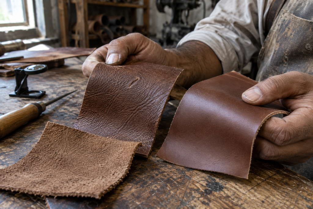Full-grain and corrected-grain saddle leather compared on a workshop bench