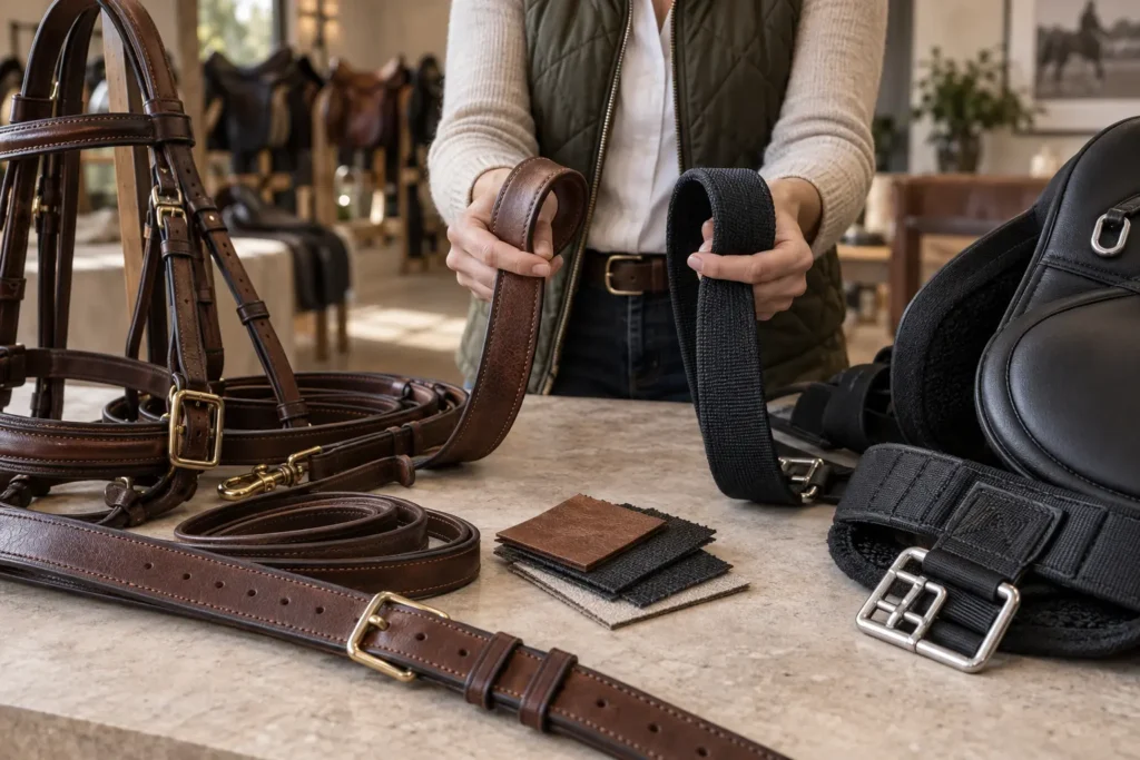 Leather and synthetic horse tack materials compared during range development