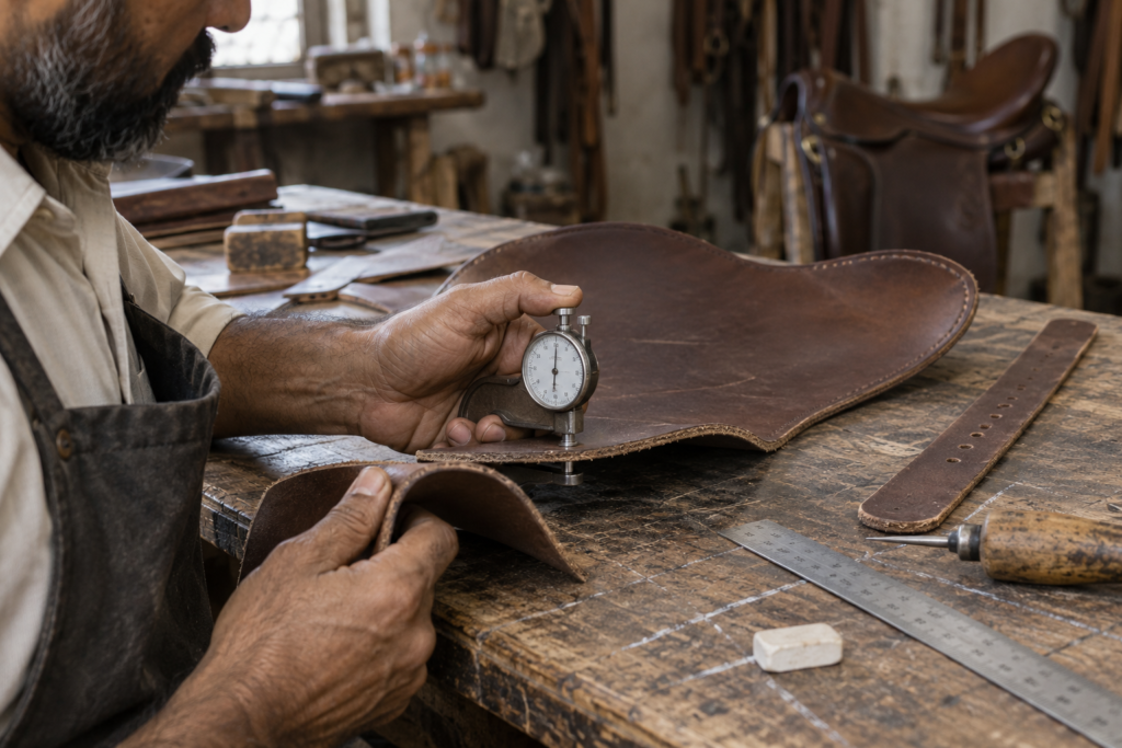 Craftsman measuring saddle leather thickness before cutting components