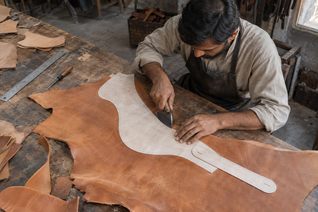 Vegetable-tanned leather cut for saddle components in a Sialkot workshop