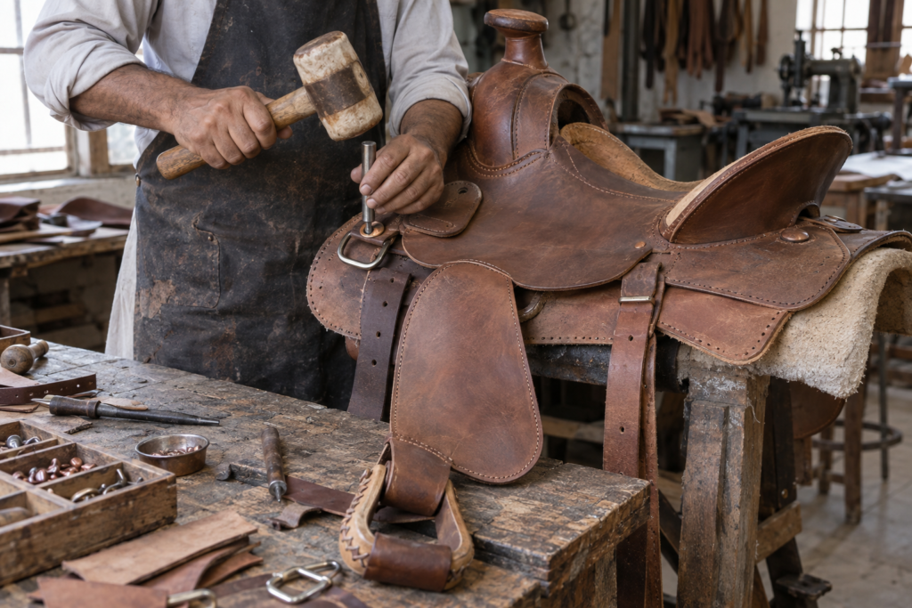 Craftsman fitting rigging and fenders to a Western saddle