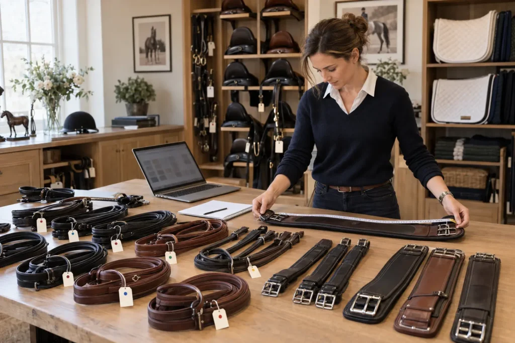 Horse tack sizes and colors organized for a wholesale order