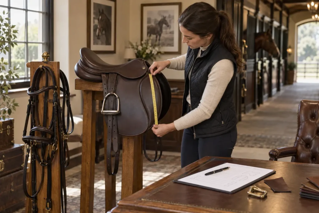Private-label horse tack checked for consistent branding and packaging
