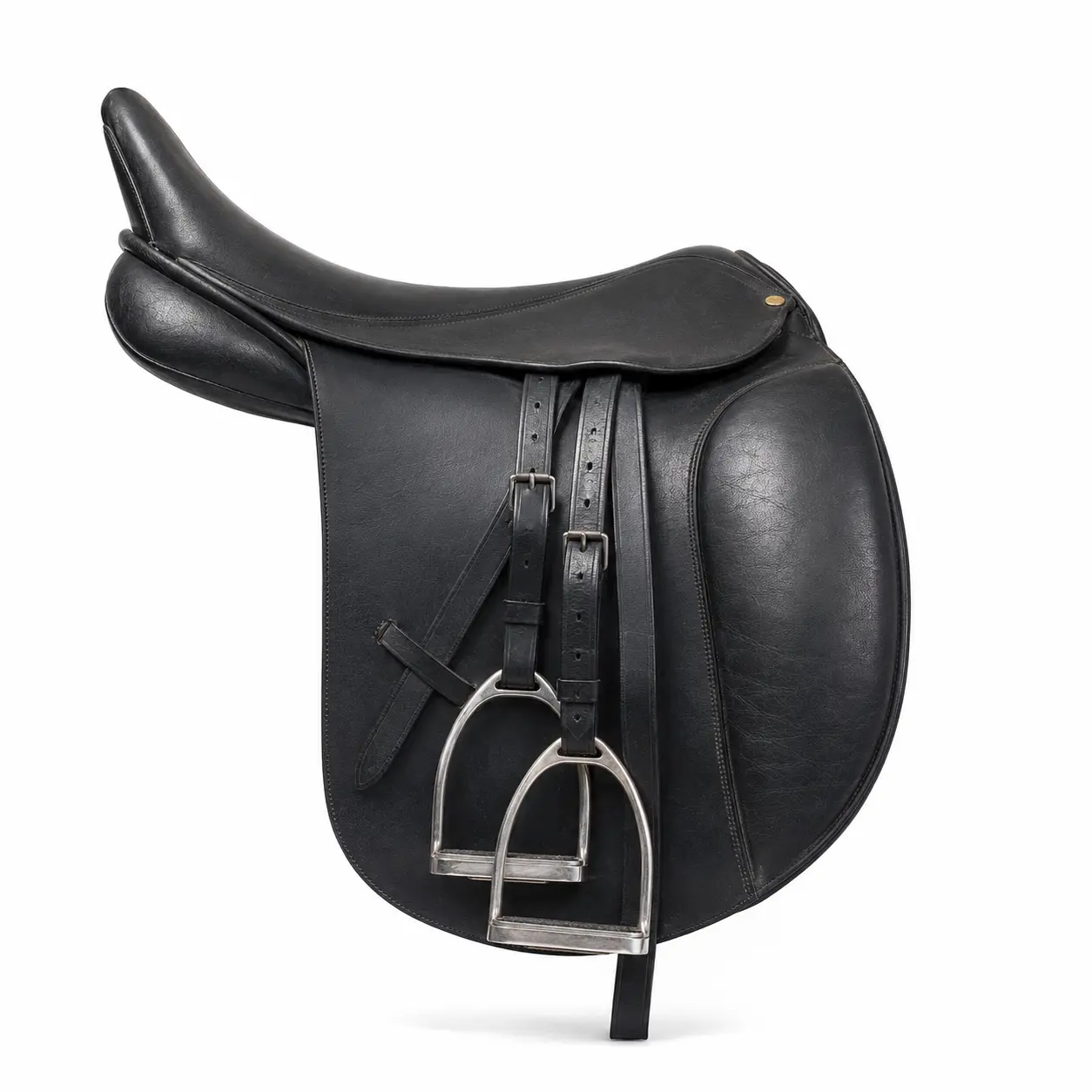 Black leather English dressage saddle manufactured by HideOrax