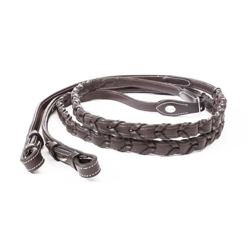 Braided brown leather horse reins
