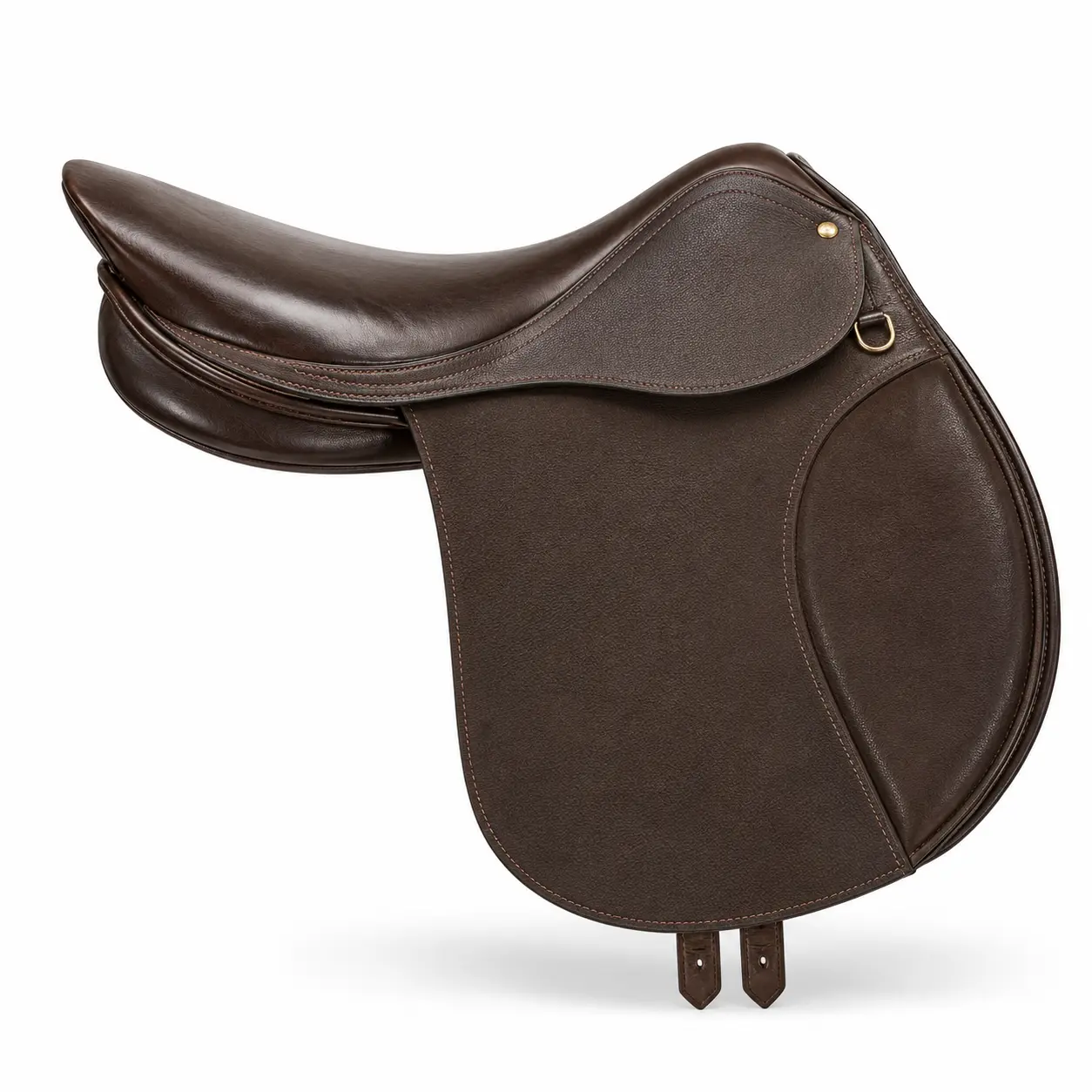 Brown all-purpose English saddle side view