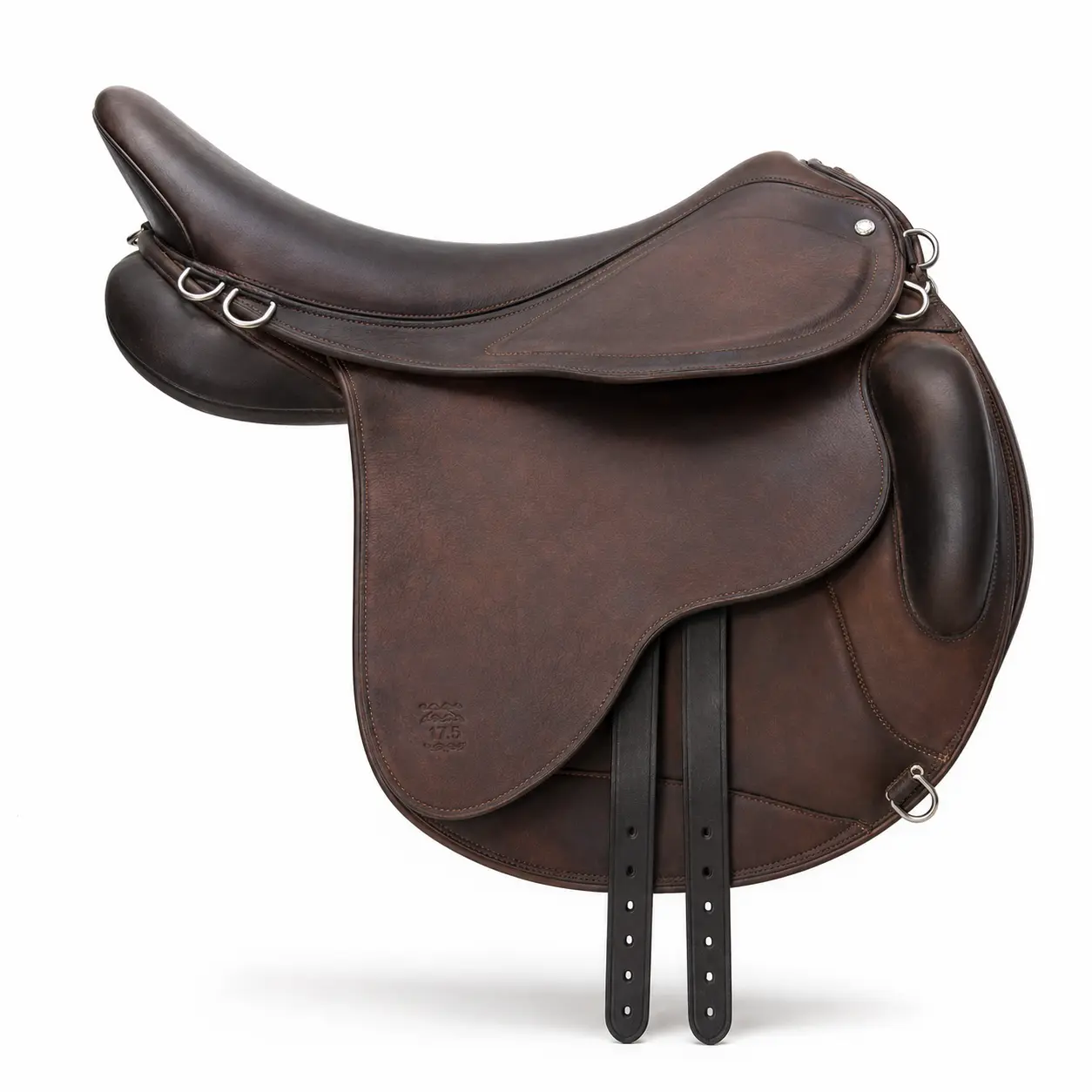 Brown endurance English saddle side view