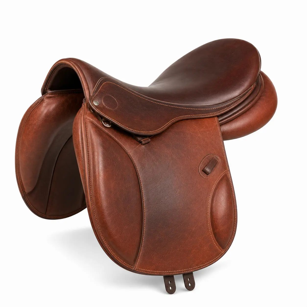 Brown leather close-contact jumping saddle front angle