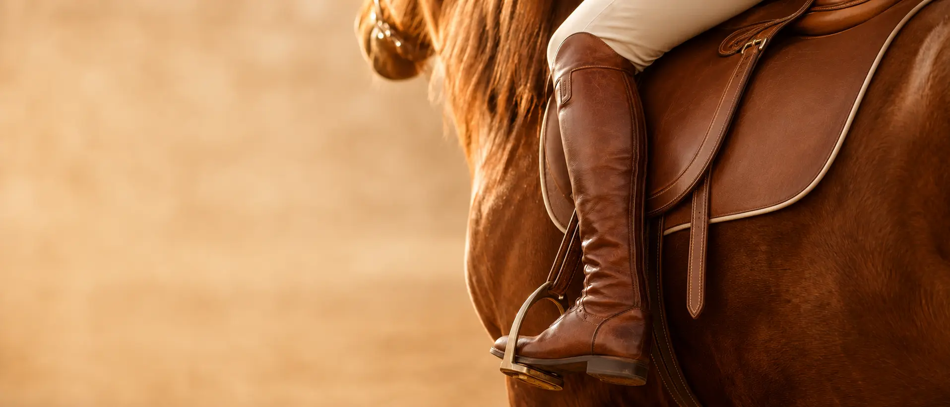Equestrian rider using a brown leather saddle and stirrups