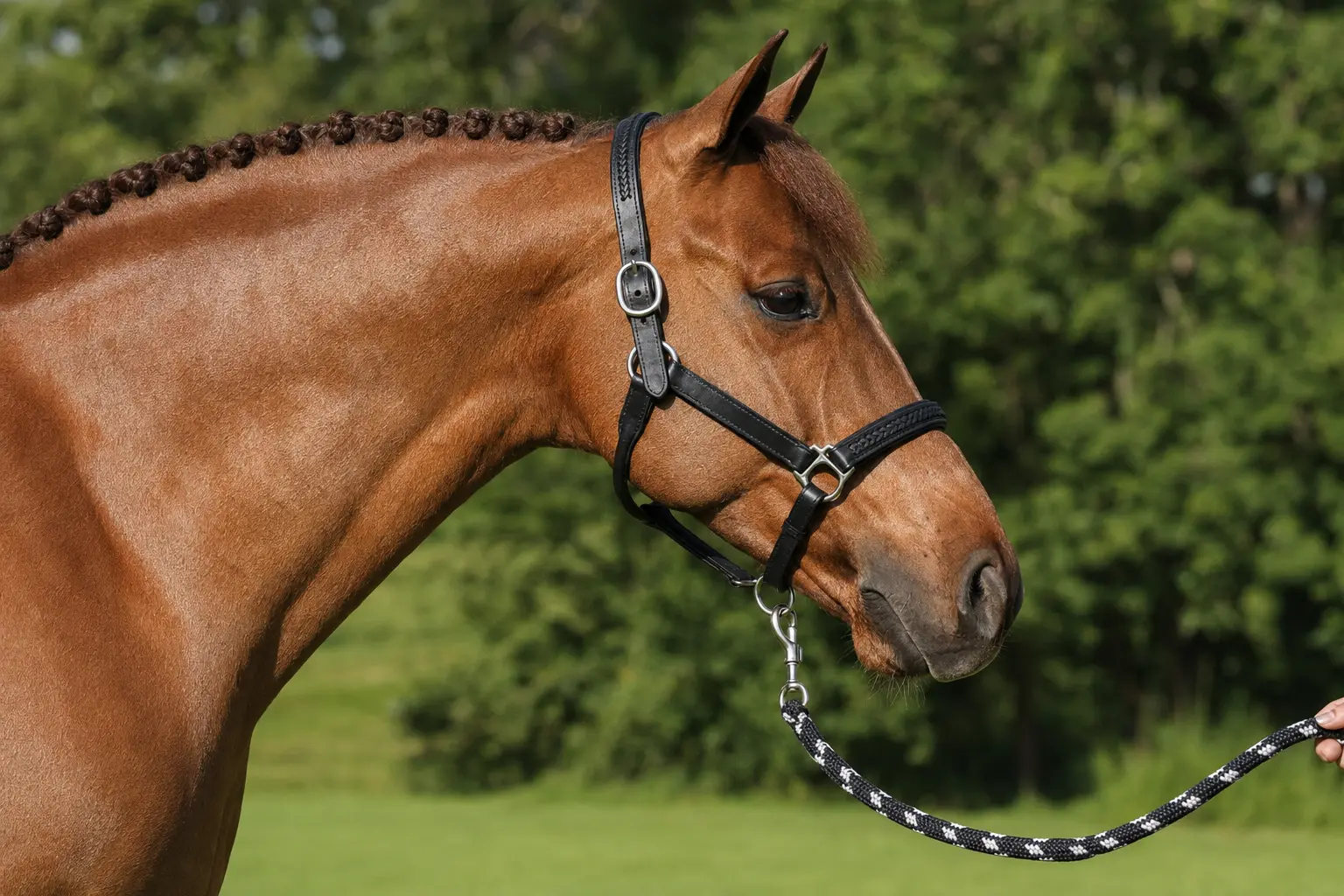 Horse wearing a black leather halter