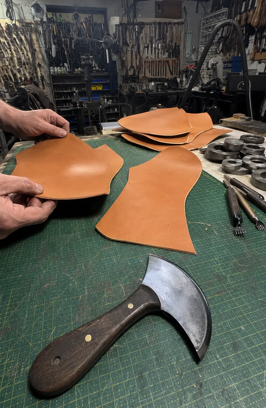 Leather components being cut in the HideOrax workshop