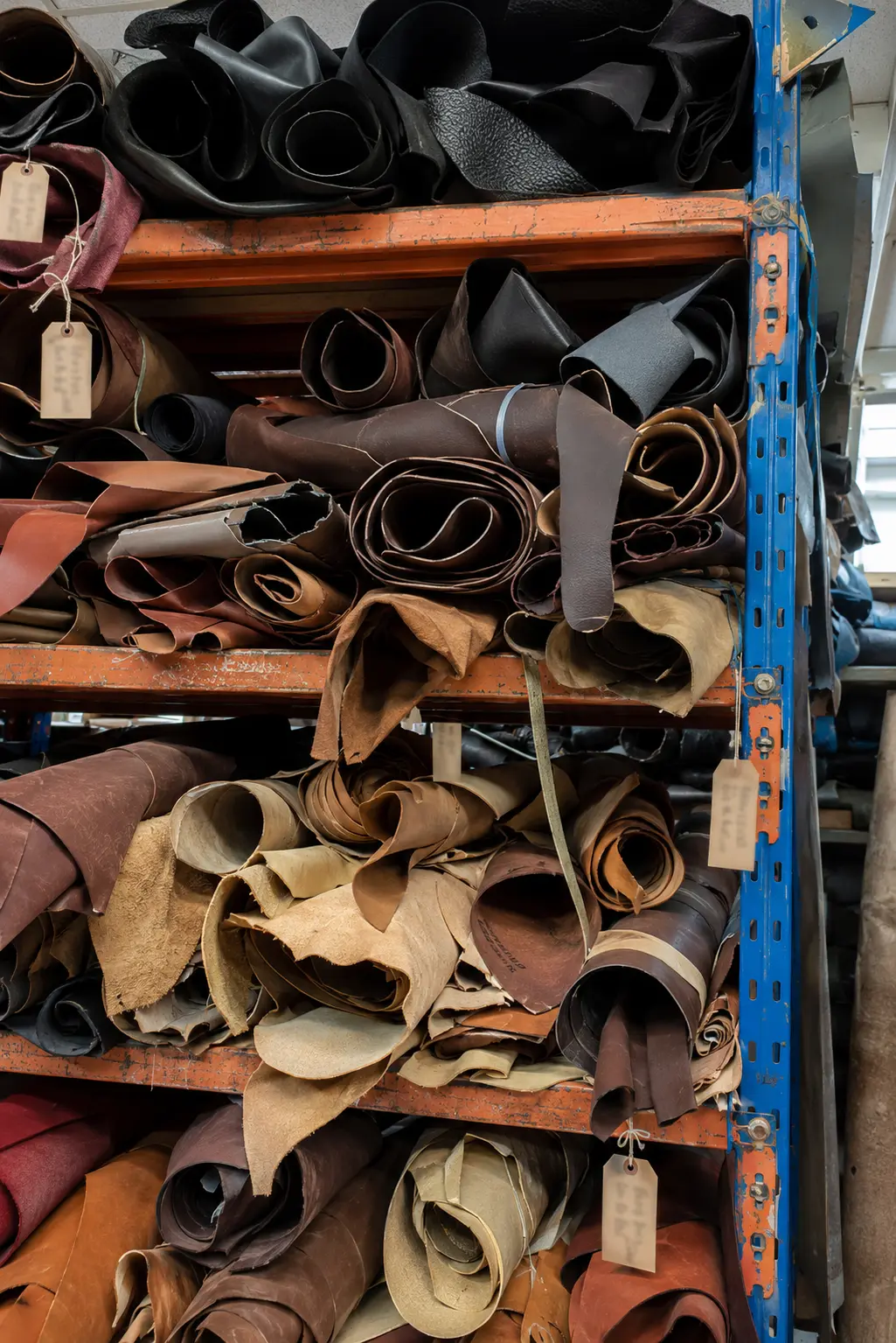 Leather material rolls stored for production