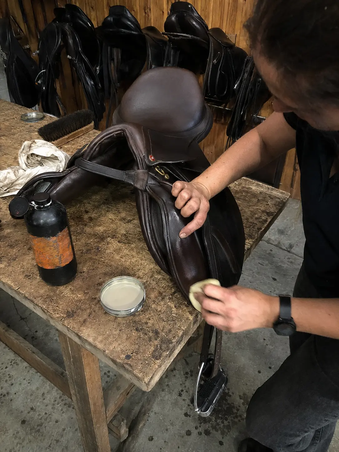 Leather saddle conditioning and finishing