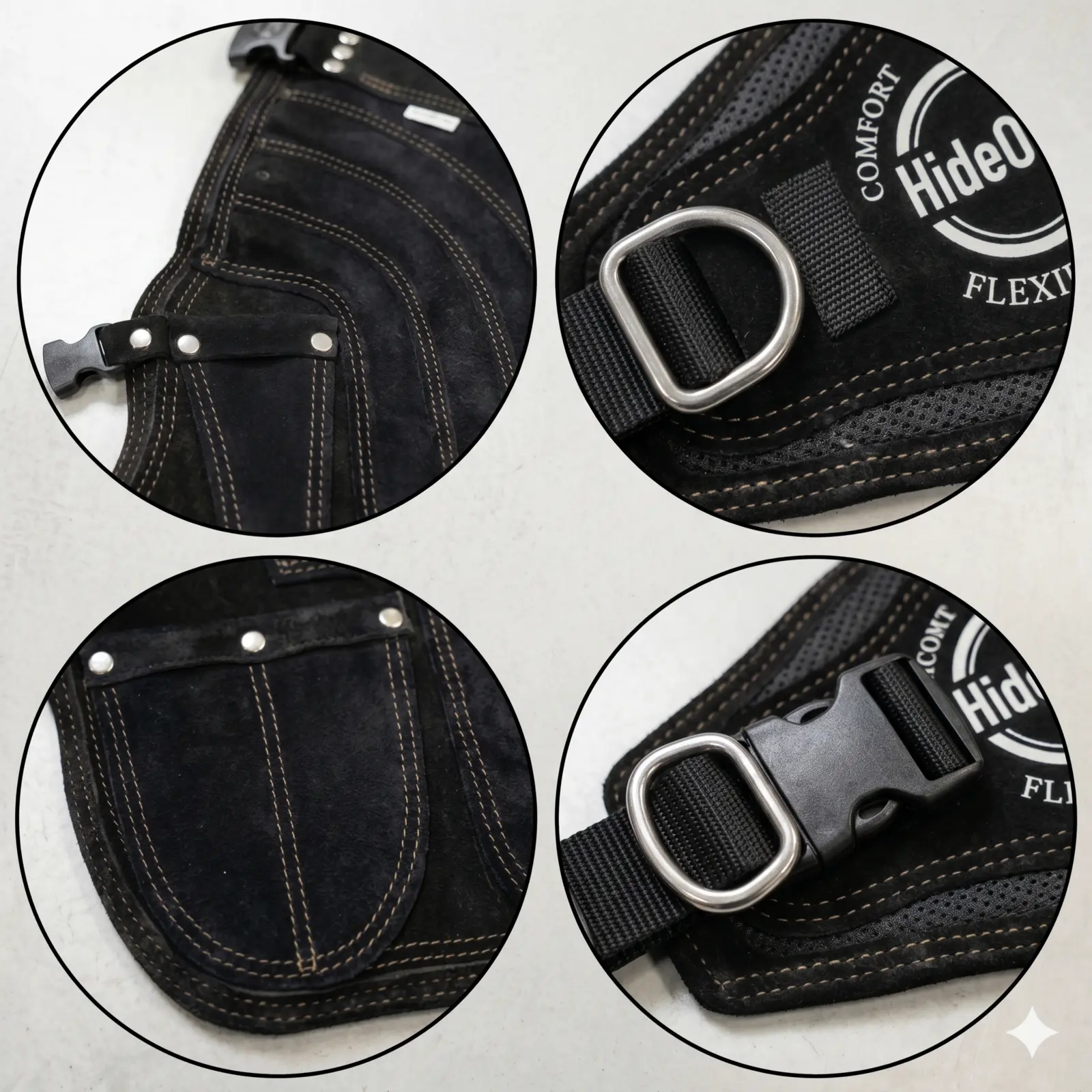 Detailed black leather farrier apron construction