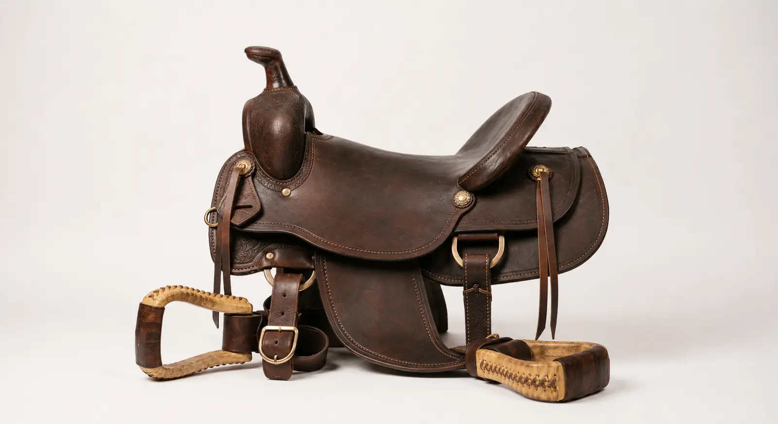 Handcrafted brown Western saddle side view by HideOrax