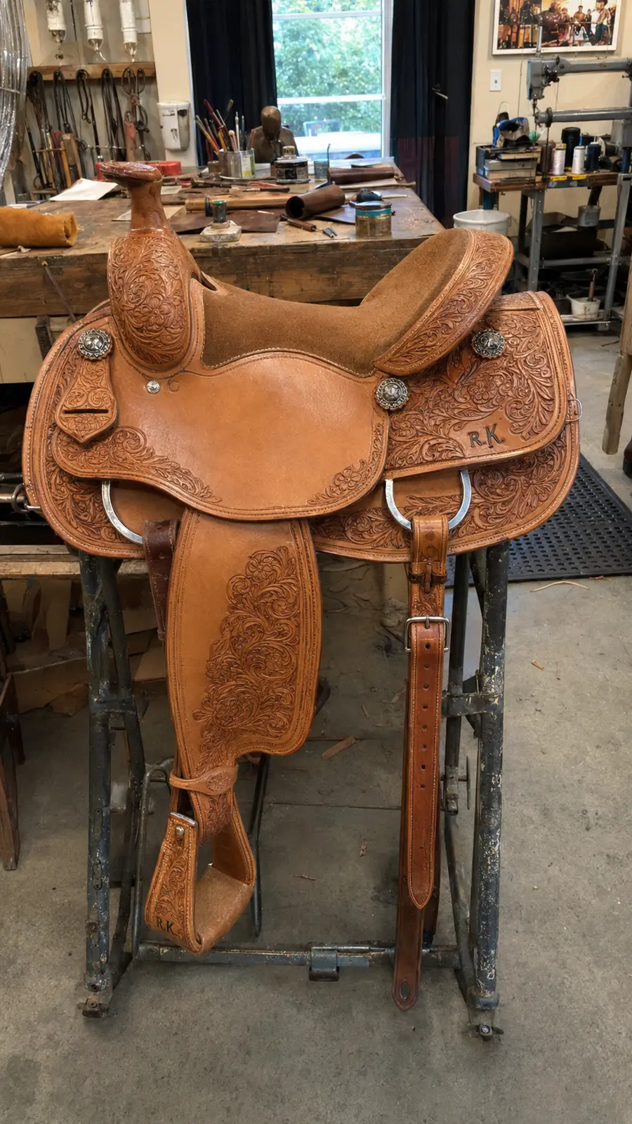 Western saddle displayed for workshop inspection